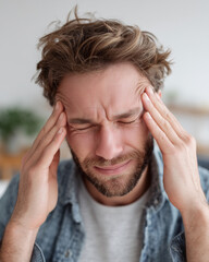 A man with a beard and a blue shirt is holding his head in his hands