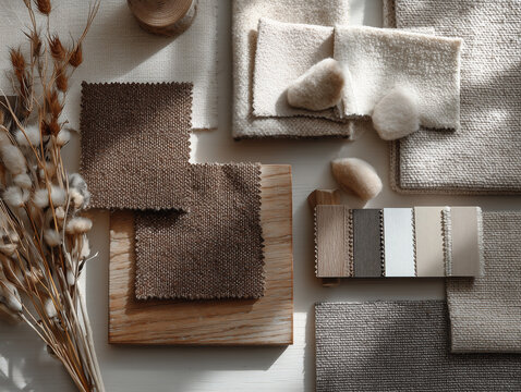 Interior Decor Mood Board with Fabric Samples, Neutral Color Palette, Natural Textures, Textile Swatches for Home Design and Material Selection