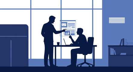 Two businessmen silhouettes collaborating in a modern office, with a manager pointing at a data chart while his colleague sits at a desk with a laptop analyzing the report