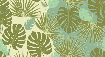 Seamless tropical pattern with green monstera and fan palm leaves in a flat vector style, creating a dense jungle foliage background with a calm, natural aesthetic