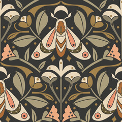 Cotton fabric Dark mystical botanical moth seamless pattern featuring boho floral illustration in sage green cream and pink colors for bohemian interior design wallpaper or textile