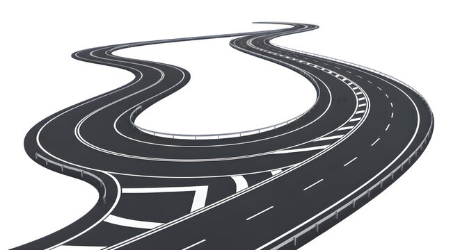 Winding highway road curving into the distance, illustration of a complex journey or future path isolated on transparent background