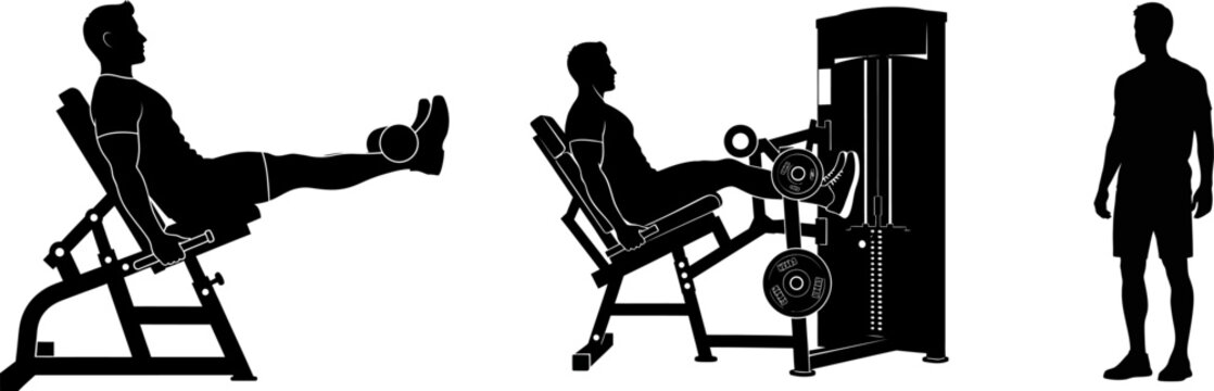 Silhouette illustrations of a man using a leg curl machine and standing