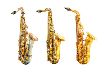 Naklejka premium Three shiny saxophones are displayed on a transparent background