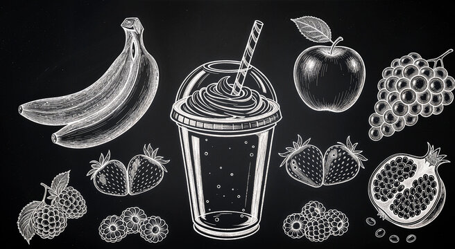 Empty smoothie cup with various fruits and berries in a chalk drawing style