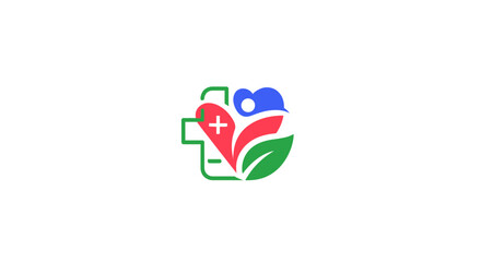 Naklejka premium Vibrant Health Care and Wellness Logo with Cross, Heart, and Leaf Elements on Isolated White Background