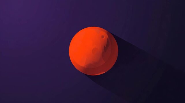 isometric vector illustration of Mars planet centered on dark purple gradient background, simple spherical red planet with stylized surface patches and soft shadow underneath, mini 4K