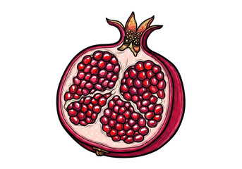 Hand-drawn sketchy pomegranate, opened, revealing vibrant ruby-red arils, crown-like calyx, thick black outlines, isolated on transparent, copy space, concept of natural abundance and healthy food