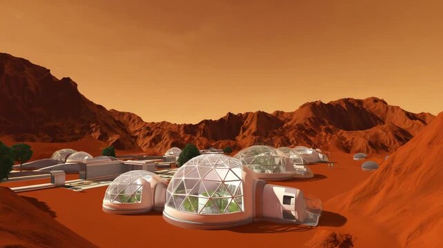 Mars colony scene with modern glass dome habitat centered on red Martian terrain, transparent residential modules with visible green plants inside 4K