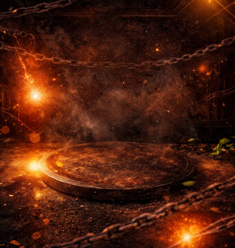 fire-style background with a platform
