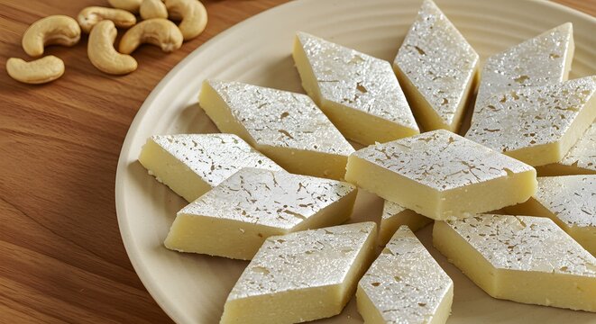 Pile of Kalka Badam Indian Sweets with Almonds on a Textured Plate