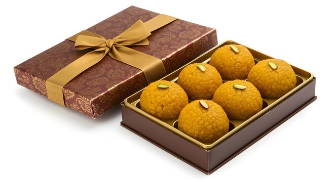 Gift box with six golden ladoo Indian sweets, tied with a bow, on a white background
