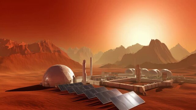 Mars outpost scene with geodesic dome habitat and modular base structures on red sandy terrain  4K