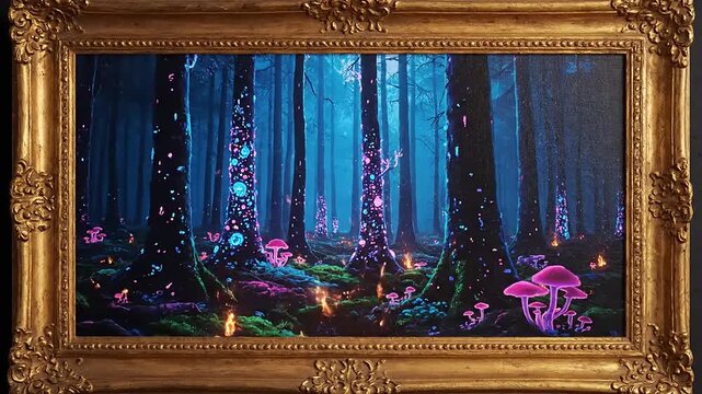 Mystical Forest Scene in Ornate Gold Frame.