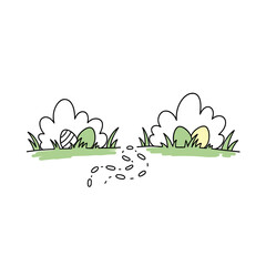 Fototapeta premium Colorful Easter eggs hidden in grass with footprints nearby 