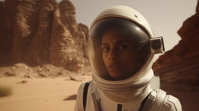 Female astronaut standing on Mars surface in rocky desert landscape, space exploration, red planet mission, futuristic spacesuit, interplanetary travel, science fiction, cosmic adventure, outer space 