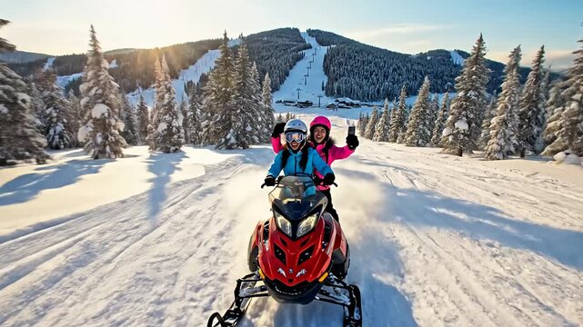 Young women riding snowmobile through snowy mountain landscape during daytime