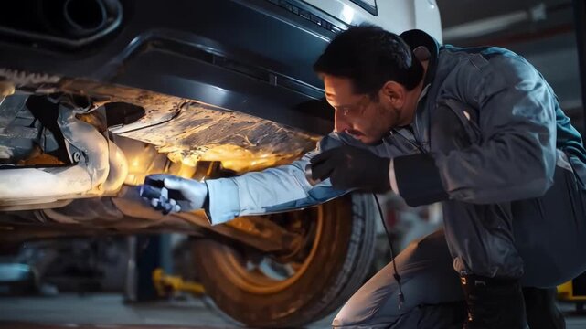 Technician examines the muffler and exhaust joints under an SUV using a flashlight to spot potential cracks or corrosion in a clean garage.