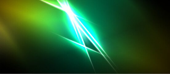 Naklejka premium Bright green light streaks across dark background. Vivid energy radiates from central point, creating dynamic visual effect.