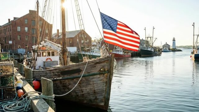 American flag flying on an old fishing boat docked in a scenic harbor with buildings and a lighthouse under the bright sun