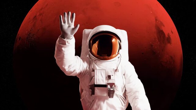 Astronaut waving in front of Mars, space exploration, red planet mission, sci fi concept, interplanetary travel, futuristic spacesuit, cosmic adventure, astronomy, outer space, Mars