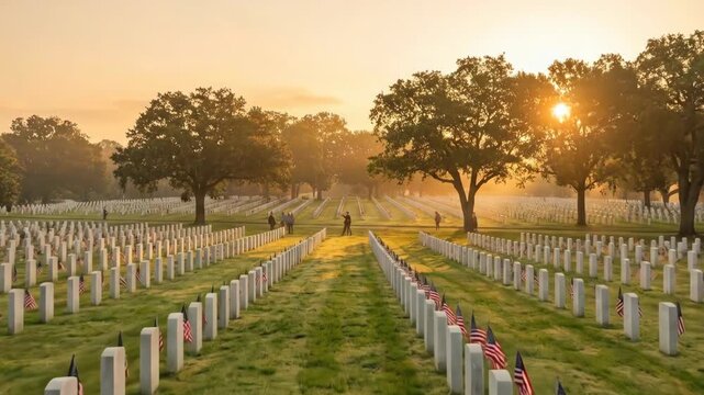 Military cemetery during sunrise with american flags on headstones and people viewing for memorial day. Patriotism and honor for fallen soldiers