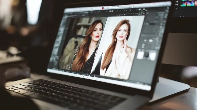Closeup of a designer applying batch edits to a series of portraits on a laptop showcasing streamlined photo retouching and efficient workflow.
