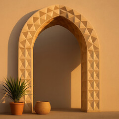Unique architectural arch with geometric pattern and simple plants in a warm setting