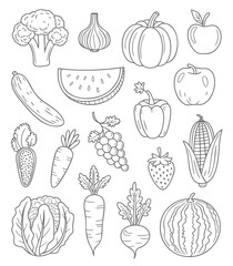 Mixed fruit collection hand-drawn outline sketch.
