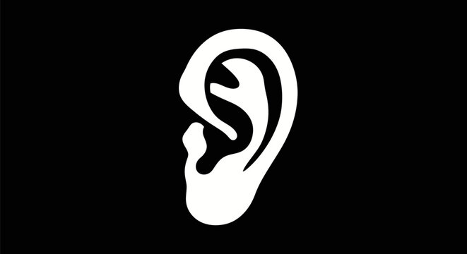 Simple white human ear icon on black background.
