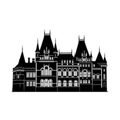 Obraz premium A large black and white illustration of a castle with multiple towers