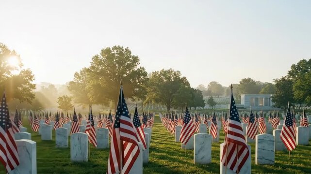 Morning light shining on gravestones with American flags, honoring military service members in a national cemetery, a display of patriotism and remembrance for Memorial Day
