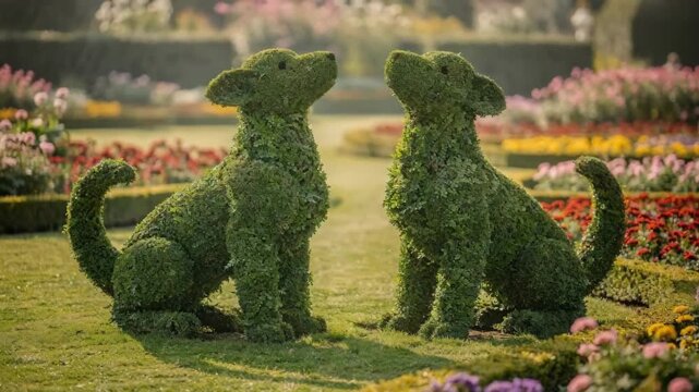 Focused medium view of a gardens topiary animal sculptures standing out sharply against a gently defocused mix of colorful floral displays and manicured lawns.