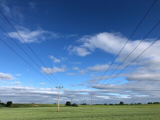 Power lines across farmland in North Yorkshire, United Kingdom