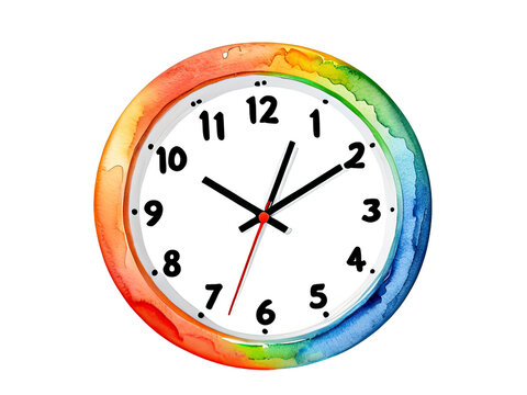A colorful clock with a rainbow painted face on a white background