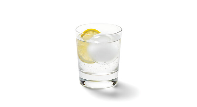 A refreshing glass of clear liquid with a large ice ball and a slice of lemon, isolated on a white background.