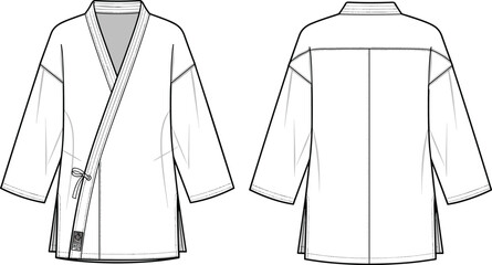Unisex martial arts karate gi top technical fashion flat cad drawing flat vector illustration with wrap front tie and side slits © Shihab Creative