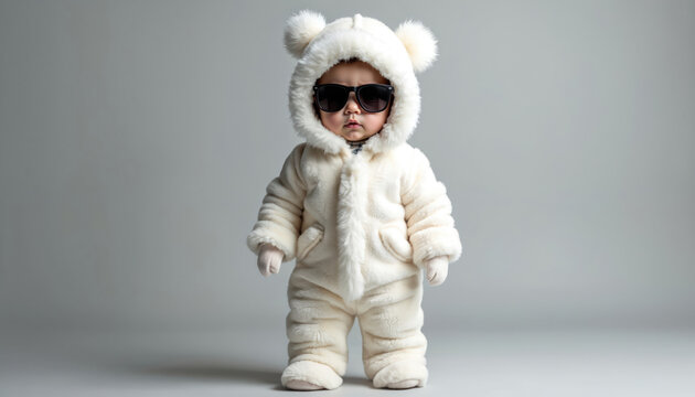 Cute baby wears a fuzzy white snowsuit and dark sunglasses. This adorable toddler stands confidently, ready for cold weather adventures. Warm winter outfit styled for cool kids.