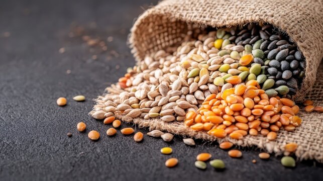 A carefully measured handful of assorted seeds is spilled from a burlap bag onto a dark surface showcasing a vibrant mix of grains and legumes