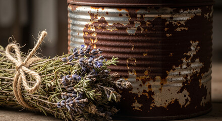 Naklejka premium Dried herbs beside rusty tin on wooden surface in rustic style 