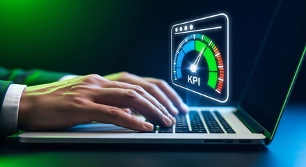 Businessperson analyzing key performance indicators on modern laptop