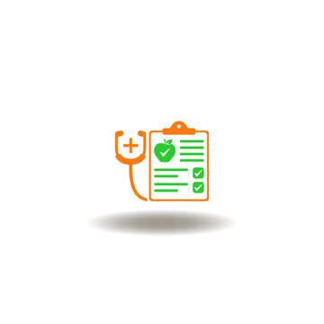 Vector illustration of medical checklist with apple and stethoscope. Icon of nutrition. Symbol of food, vegetables, meal planning, fruits, dietary fiber, vitamins.