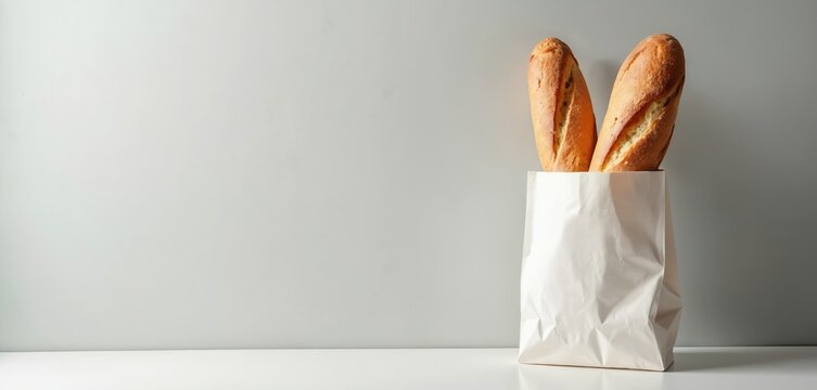 Two freshly baked baguettes in white paper bag. Crisp crusty loaves ready for consumption. Simple food presentation, bakery item for sale, great for recipes.