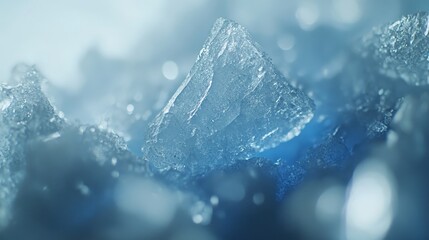Obraz premium A delicate abstract shard of crystallized ice or sugar glints with sharp edges and a fragile texture set against a soft blurry blue background with bokeh lights