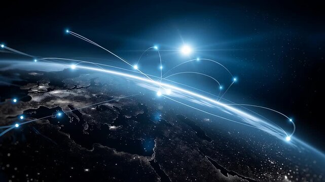 Earth from space with glowing arcs and nodes over Europe at sunrise, illustrating global digital connectivity, satellite networks, and worldwide data communication