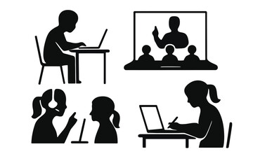 Silhouette icons depict online learning students a teacher and technology usage high quality professional detailed