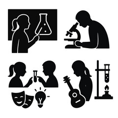Black silhouettes depict students engaged in diverse academic and artistic pursuits high quality professional detailed