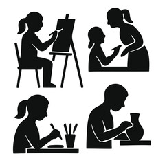 Silhouettes depict children engaged in various artistic activities painting sculpting and drawing high quality professional