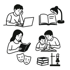 A collection of black and white illustrations depicting people reading and studying high quality professional