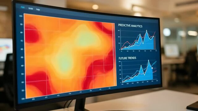 Predictive analytics display with heat map and future trends graph for business intelligence. Data visualization for financial strategy